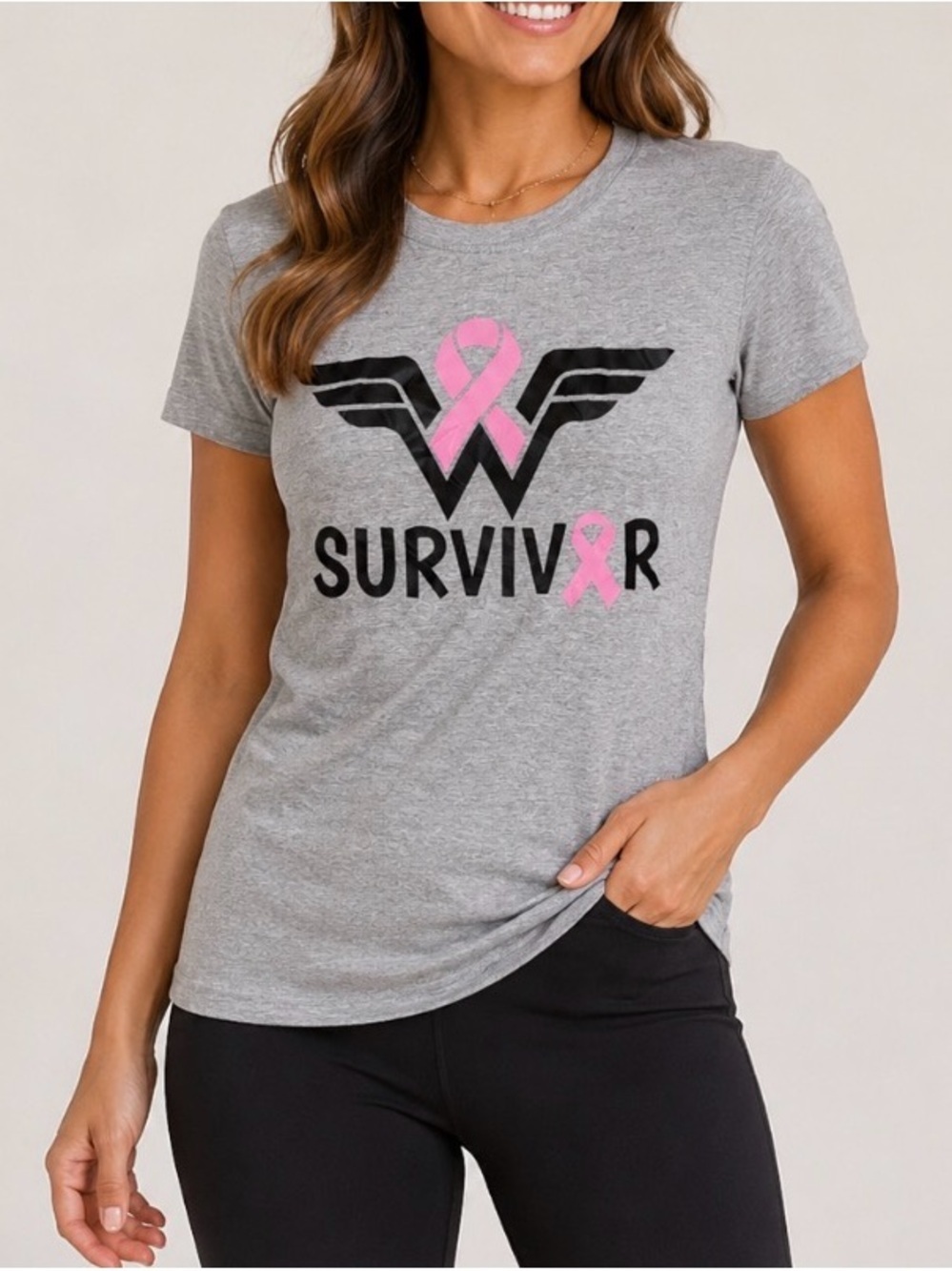 Gildan Heather Gray Tee with Black 'Survivor' Graphic and Pink Ribbons SZ SM